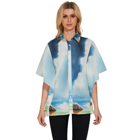 Delicate Watercolor Painting Surreal Oasis Scene With Intense Dramatic Lighting Women s Batwing Button Up Shirt by pollyparadiseartshop