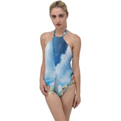 Delicate Watercolor Painting Surreal Oasis Scene With Intense Dramatic Lighting Go With The Flow One Piece Swimsuit by pollyparadiseartshop
