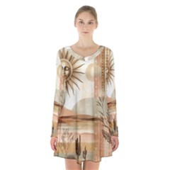 Abstract Sun Boho Bohemian Design Long Sleeve Velvet V-neck Dress by Salmanaz77