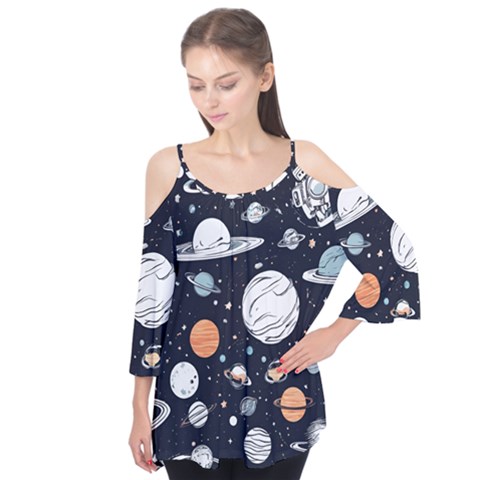 Space Galaxy Universe Stars Sky Flutter Sleeve T-shirt by Paksenen