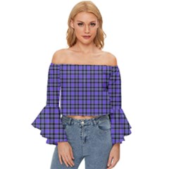 Blue Tartan Plaid 1 Off Shoulder Flutter Bell Sleeve Top by dressshop