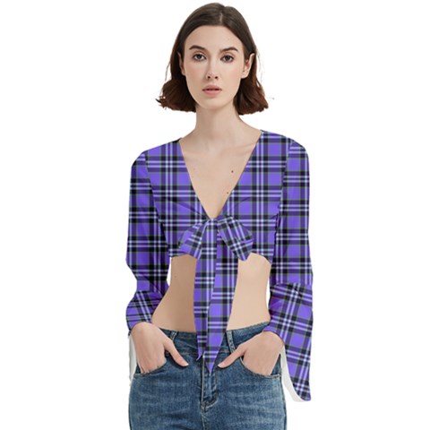 Blue Tartan Plaid 1 Trumpet Sleeve Cropped Top by dressshop