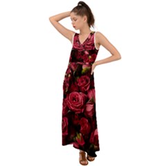 Floral Buds Of Roses Beautiful Flowers V-neck Chiffon Maxi Dress by Grandong