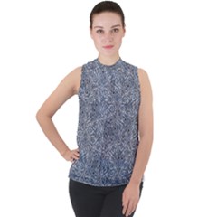 Blue Ornament Complex Mosaic Print Pattern Mock Neck Chiffon Sleeveless Top by dflcprintsclothing