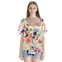 Abstract Floral Background V-neck Flutter Sleeve Top by kyorashop23