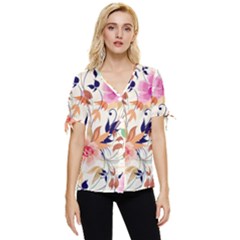 Abstract Floral Background Bow Sleeve Button Up Top by kyorashop23