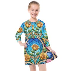 Roses Floral Stained Glass Vibrant Kids  Quarter Sleeve Shirt Dress by Grandong