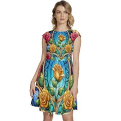 Roses Floral Stained Glass Vibrant Cap Sleeve High Waist Dress by Grandong