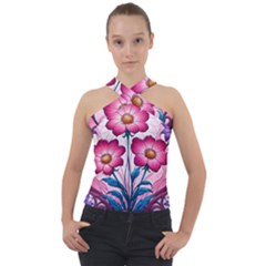 Fantasy Pink Flowers Stained Glass Cross Neck Velour Top by Grandong