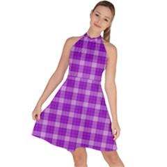 Purple Plaid Tartan 3 Sleeveless Halter Neck A-line Dress by dressshop