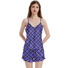 Blue Tartan Plaid 1 Diagonal V-neck Satin Loungewear Set by dressshop