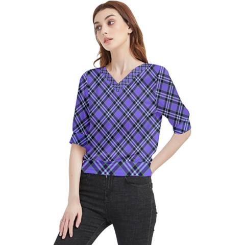 Blue Tartan Plaid 1 Diagonal Quarter Sleeve Blouse by dressshop