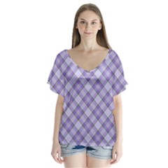 Purple Plaid Tartan 2 Diagonal V-neck Flutter Sleeve Top by dressshop