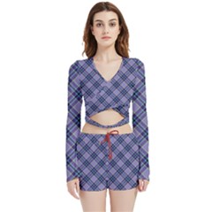 Purple Plaid Tartan 1 Diagonal Velvet Wrap Crop Top And Shorts Set by dressshop