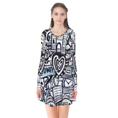 Doodle New York City Nyc Long Sleeve V-neck Flare Dress by Salmanaz77