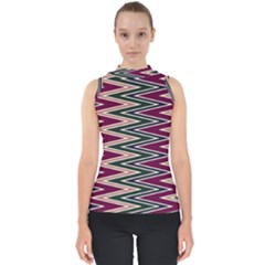 Pattern Zigzag Stripe Design Mock Neck Shell Top by Maspions