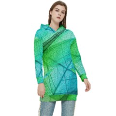 Texture Green Leaf Abstraction 3d Women s Long Oversized Pullover Hoodie by Salmanaz77