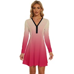 Cream Yellow To Crimson Red Linear Gradient Long Sleeve Deep V Mini Dress  by GradientsOmbre
