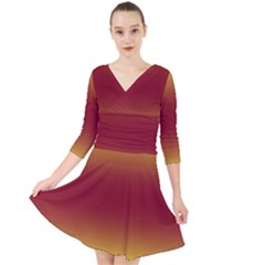 Electric Yellow To Burgundy Red Bilinear Gradient Quarter Sleeve Front Wrap Dress by GradientsOmbre