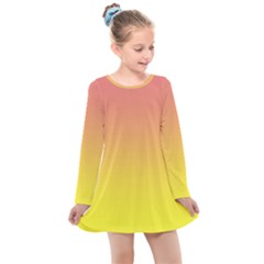 Coral Pink To Electric Yellow Linear Gradient Kids  Long Sleeve Dress by GradientsOmbre