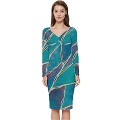 Aqua Batik, Abstract, Colorful Long Sleeve V-neck Bodycon Dress  by kyorashop23