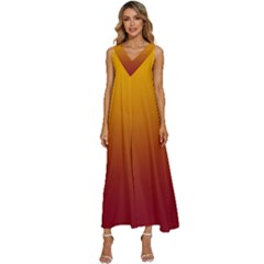 Amber Orange To Burgundy Red Linear Gradient V-neck Sleeveless Wide Leg Pants Overalls by GradientsOmbre