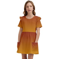 Burgundy Red To Amber Orange Linear Gradient Kids  Frilly Sleeves Pocket Dress by GradientsOmbre