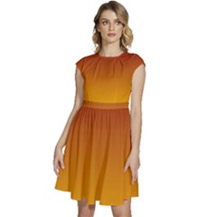 Burgundy Red To Amber Orange Linear Gradient Cap Sleeve High Waist Dress by GradientsOmbre
