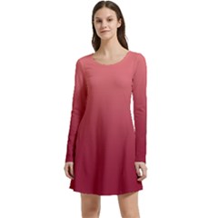 Coral Pink To Burgundy Red Linear Gradient Long Sleeve Velour Skater Dress by GradientsOmbre