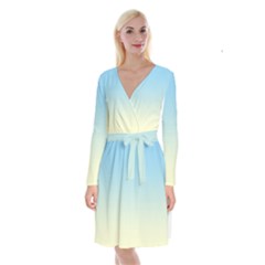 Baby Blue To Cream Yellow Linear Gradient Long Sleeve Velvet Front Wrap Dress by GradientsOmbre