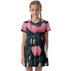 Poppy Flower Plant Petals Bloom Kids  Asymmetric Collar Dress by Grandong