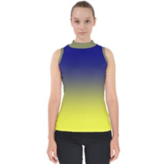 Navy Blue To Electric Yellow Linear Gradient Mock Neck Shell Top by GradientsOmbre