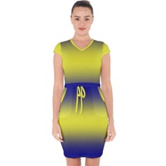 Navy Blue To Electric Yellow Bilinear Gradient Capsleeve Drawstring Dress  by GradientsOmbre