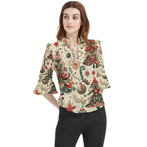 Christmas Tree Snow Loose Horn Sleeve Chiffon Blouse by Bedest