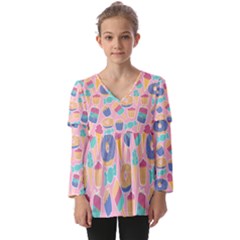 Ice Cream Donut Sweets Candie Kids  V Neck Casual Top by Apenda
