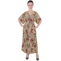 Leaves Pattern Teal Seamless Fall V-neck Boho Style Maxi Dress by Sabxi