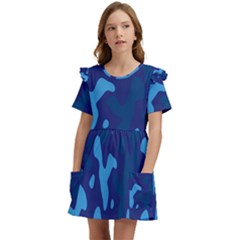 Blue Camouflage Pattern Kids  Frilly Sleeves Pocket Dress by kyorashop23