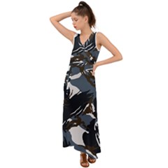Blue Winter Camouflage, Military Camouflage V-neck Chiffon Maxi Dress by kyorashop23