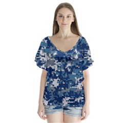 Blue, Camouflage, Cool, Navy, New, Pattern V-neck Flutter Sleeve Top by kyorashop23