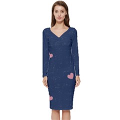 Corazones, Blue, Pattern Long Sleeve V-neck Bodycon Dress  by kyorashop23