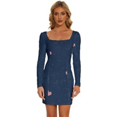 Corazones, Blue, Pattern Long Sleeve Square Neck Bodycon Velvet Dress by kyorashop23