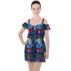 Falling Flowers, Art, Coffee Cup Ruffle Cut Out Chiffon Playsuit by kyorashop23