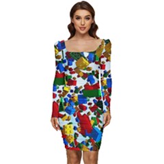 Falling Lego Bricks, Desenho, Fall, Games Women Long Sleeve Ruched Stretch Jersey Dress by kyorashop23