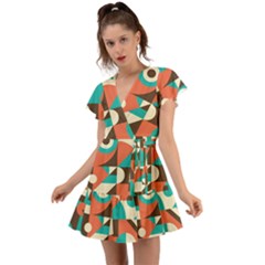 Retro Colorful Background, Retro Abstraction Flutter Sleeve Wrap Dress by kyorashop23