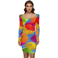 Umbrella, Colorful, Positive, Sky, Rainbow Women Long Sleeve Ruched Stretch Jersey Dress by kyorashop23