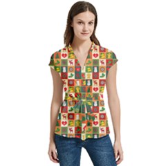 Template Christmas Pattern Women s Cap Sleeve Mandarin Collar Waist Tie Blouse by Proyonanggan