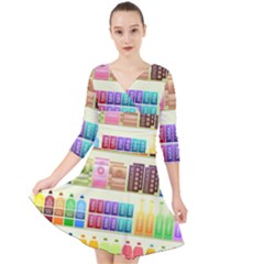 Supermarket Shelf Products Snacks Quarter Sleeve Front Wrap Dress by Cemarart