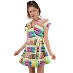 Supermarket Shelf Products Snacks Flutter Sleeve Wrap Dress by Cemarart