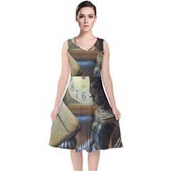 Lady V-neck Midi Sleeveless Dress  by bestdesignintheworld