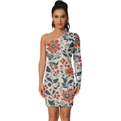 Retro Scandinavian Nordic Flowers Pattern Long Sleeve One Shoulder Mini Dress by violetheavensky